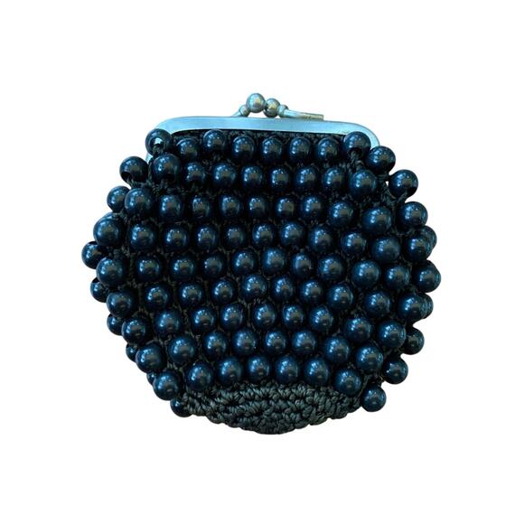 Vintage 1940s 50s Black Beaded Crochet Change Purse Kiss Lock Large Beads - Picture 1 of 9